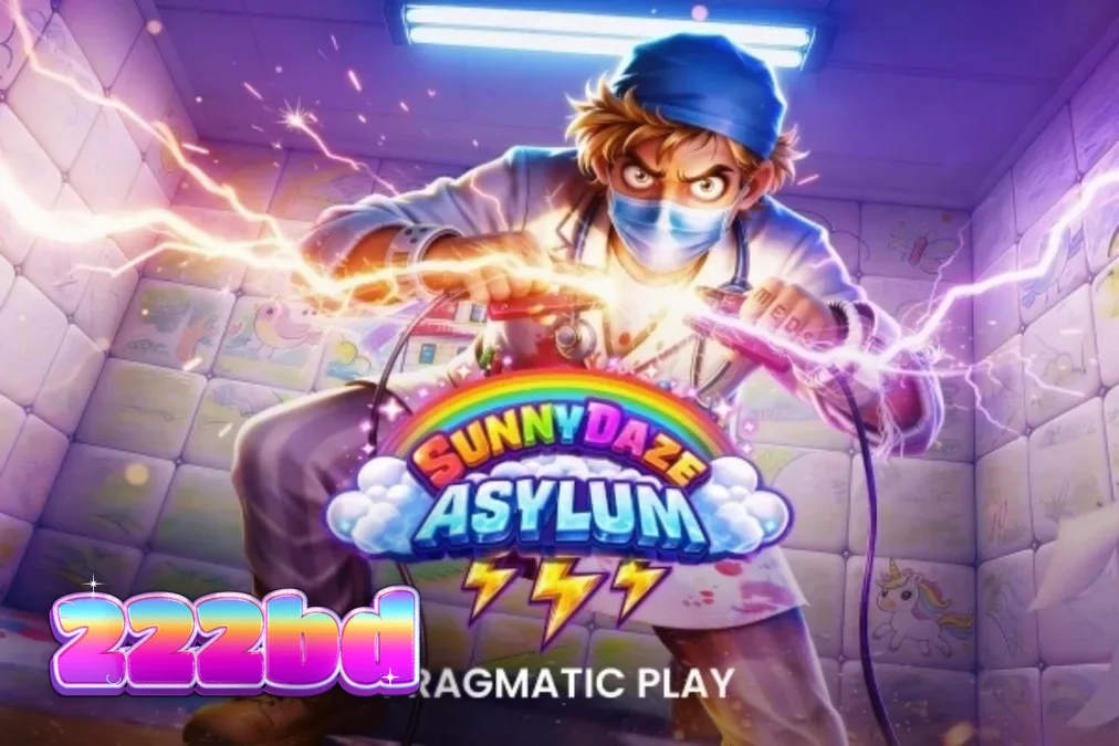 Sunnydaze Asylum স্লট গেমের নিয়ন-রঙিন এবং অদ্ভুত হাসপাতালের থিমযুক্ত গ্রিড ইন্টারফেস।